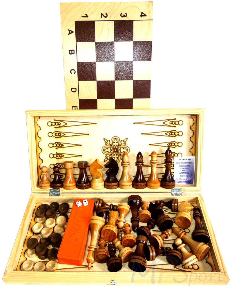Набор 4 в 1 большой (шахматы гросс + шашки дер + нарды + домино) 415х215 02-71